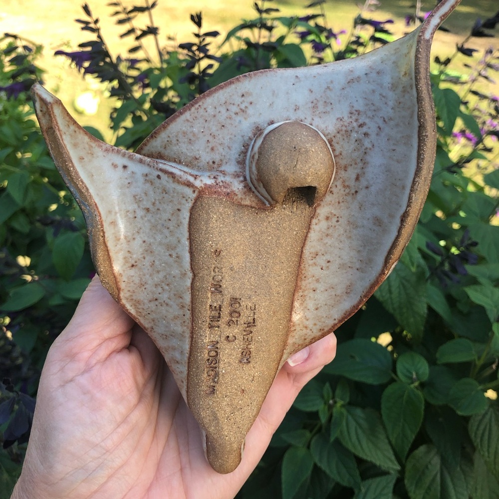 Handmade Coastal Pottery Wall Pocket – Blue Glaze Starfish Accent - Blue Tan - Picture 2 of 9